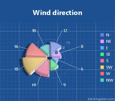 3D polar chart of windy days by wind direction in the Brushed metal style with Soft colors, on a blueprint background